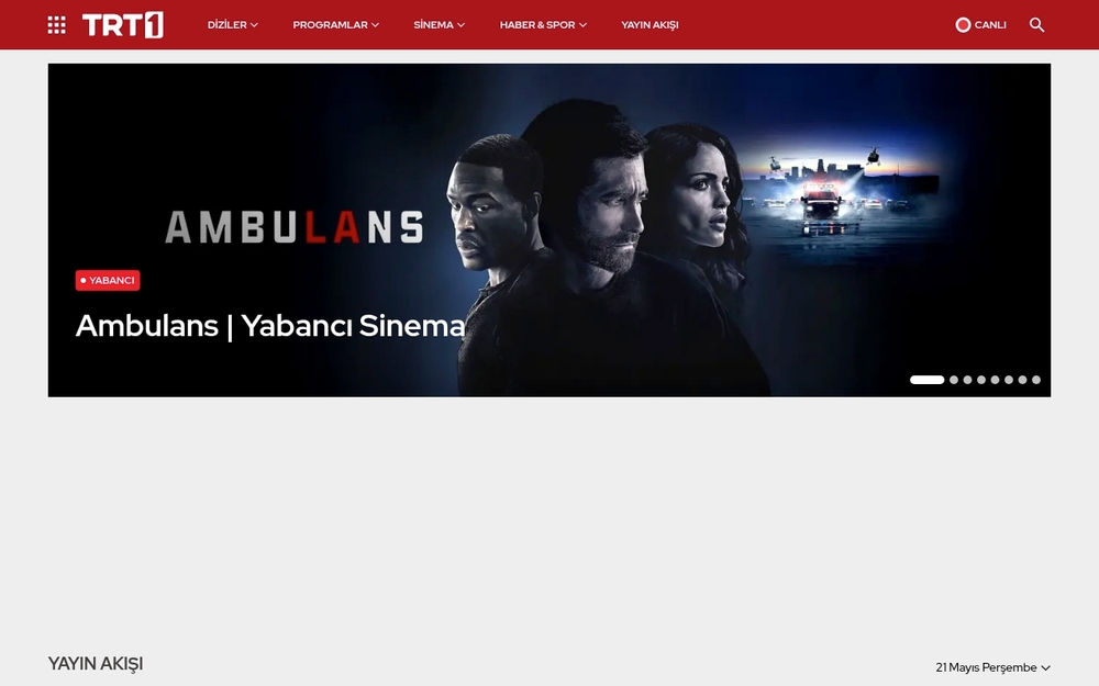 TRT 1 kanal sayfası ana ekranı